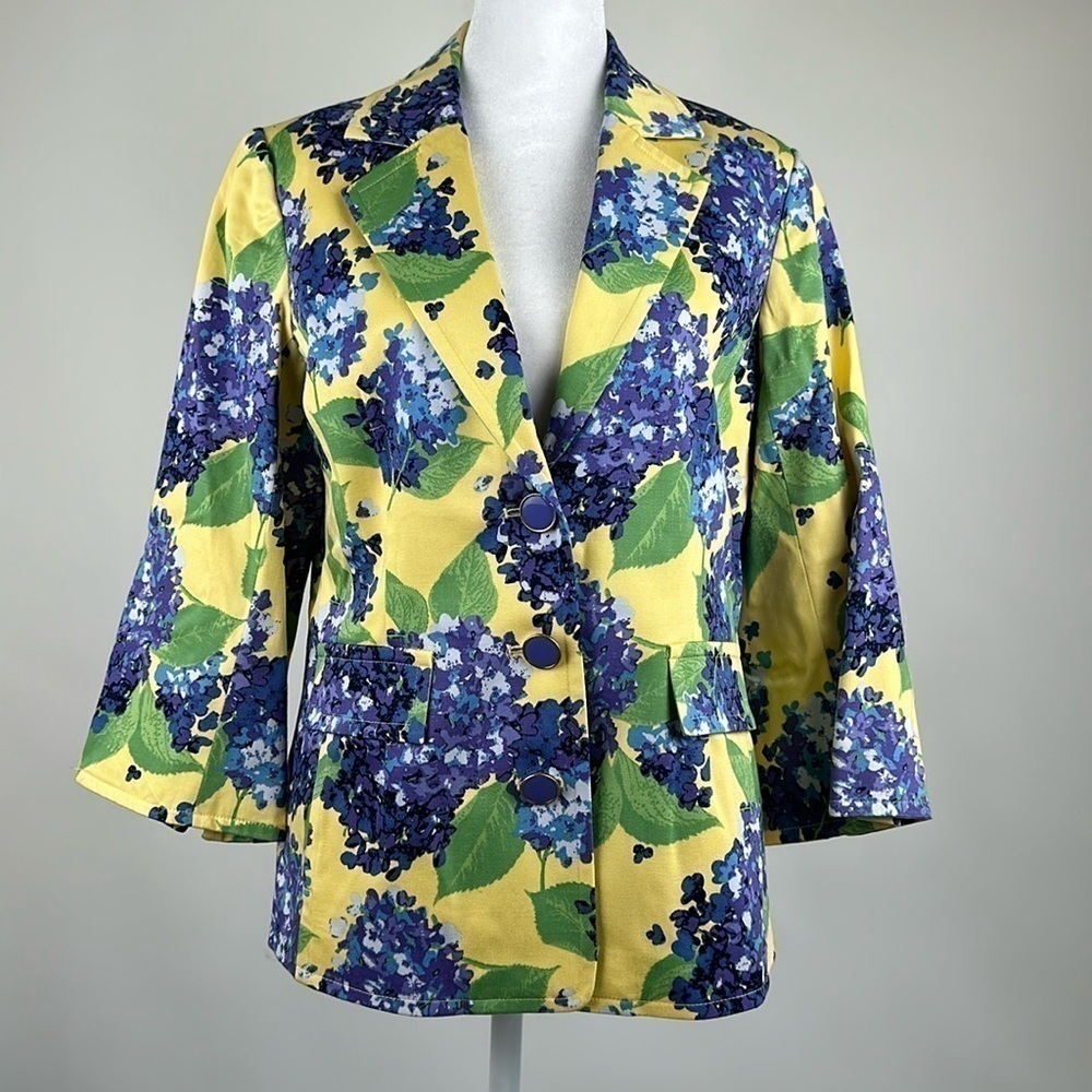Linea by Louis Dell’Olio Floral Blazer Jacket Purple Yellow Button Detail Sz XS
